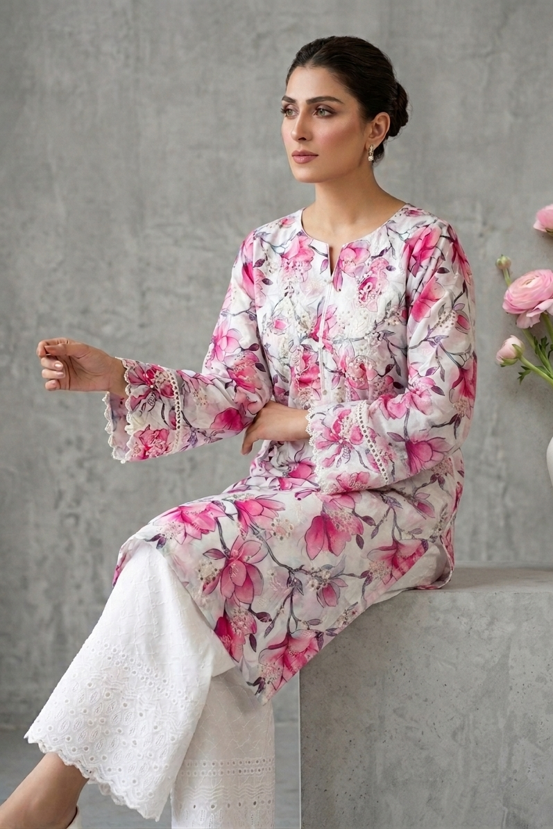 2PC-Unstitch Printed Embroidered Chikankari Lawn Suit 2PEC07