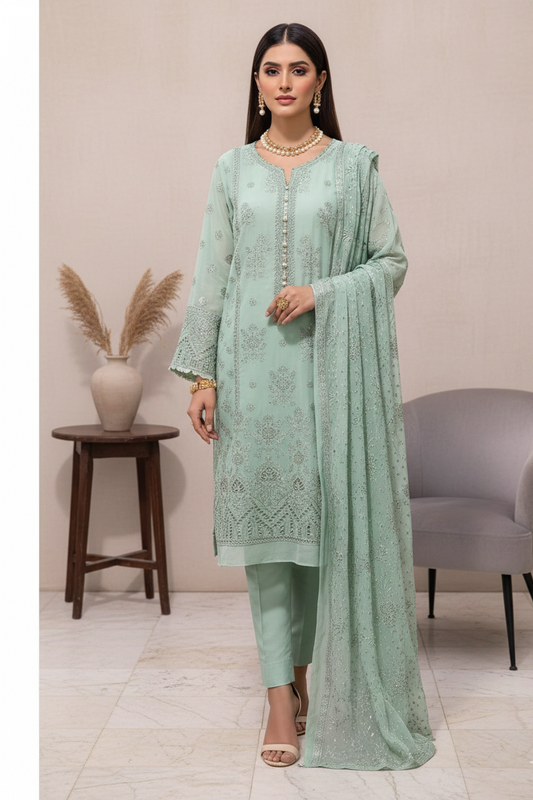 3pc-UnStitch Chiffon Embroidered Suit C1