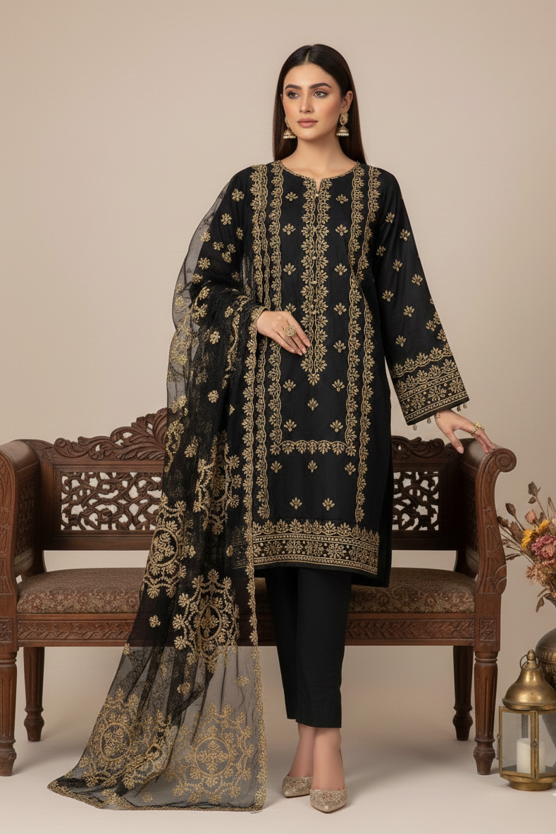 3pc-UnStitch Luxury Lawn Embroidered Suit EL12