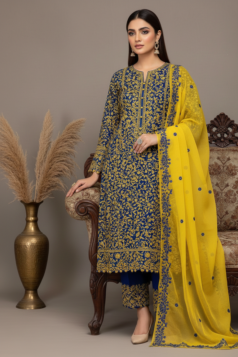 3pc-UnStitch Luxury Lawn Embroidered Suit EL11