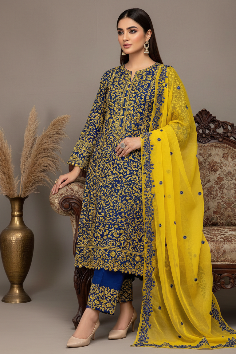 3pc-UnStitch Luxury Lawn Embroidered Suit EL11